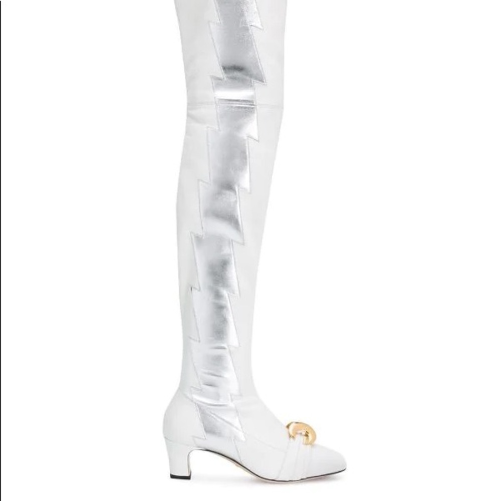 Gucci White Lightning Bolt Thigh High Boots